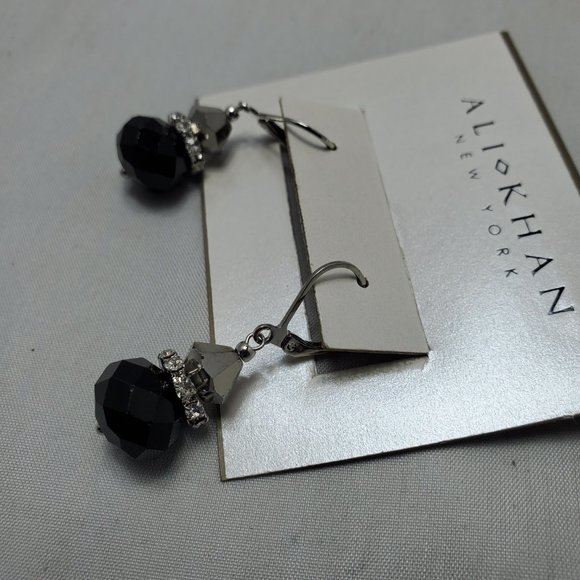 ALI KHAN  imperial black silver French wire with rhinestone spacer earring - Picture 4 of 5